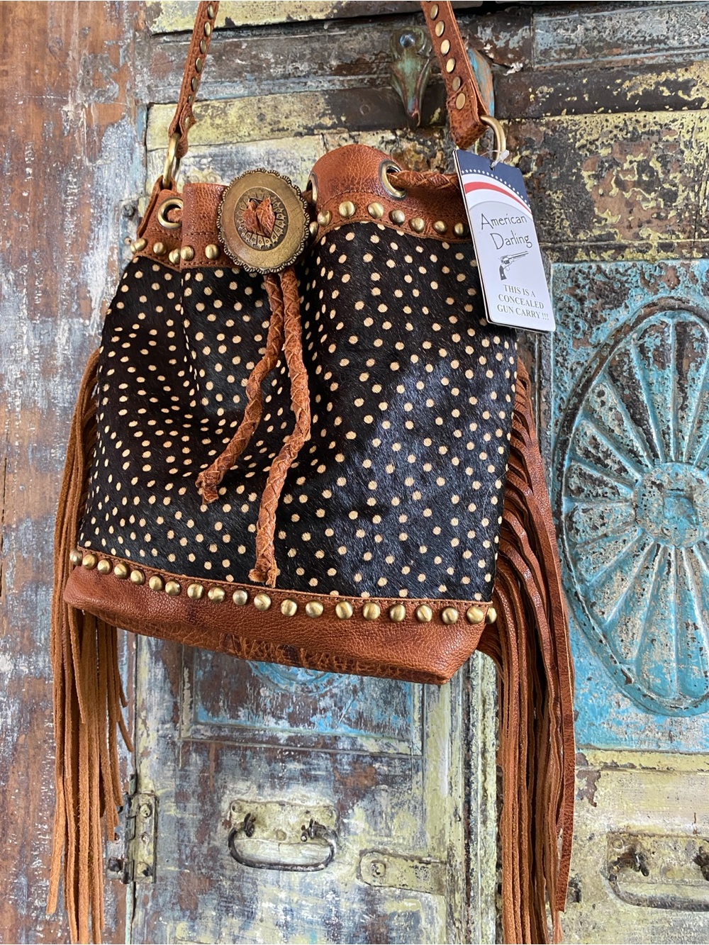 American Darling Black and Brown Leather Fringe Studded Shoulder Bag - Picture 12 of 15